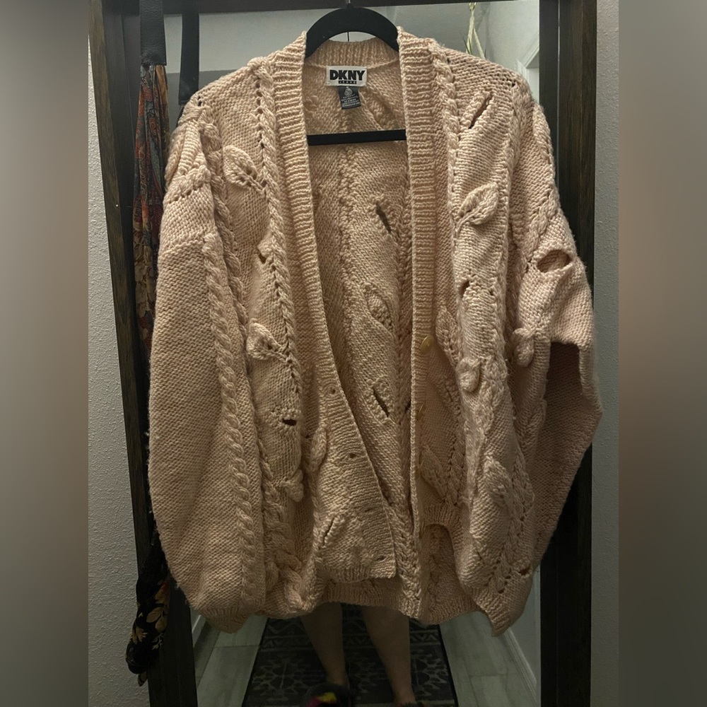 DKNY pale pink Hand knit cardigan size large